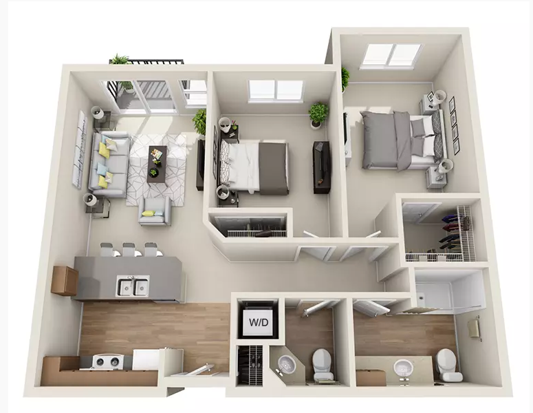 Floor plan for 2 beds, 1.5 baths, 844 sqft